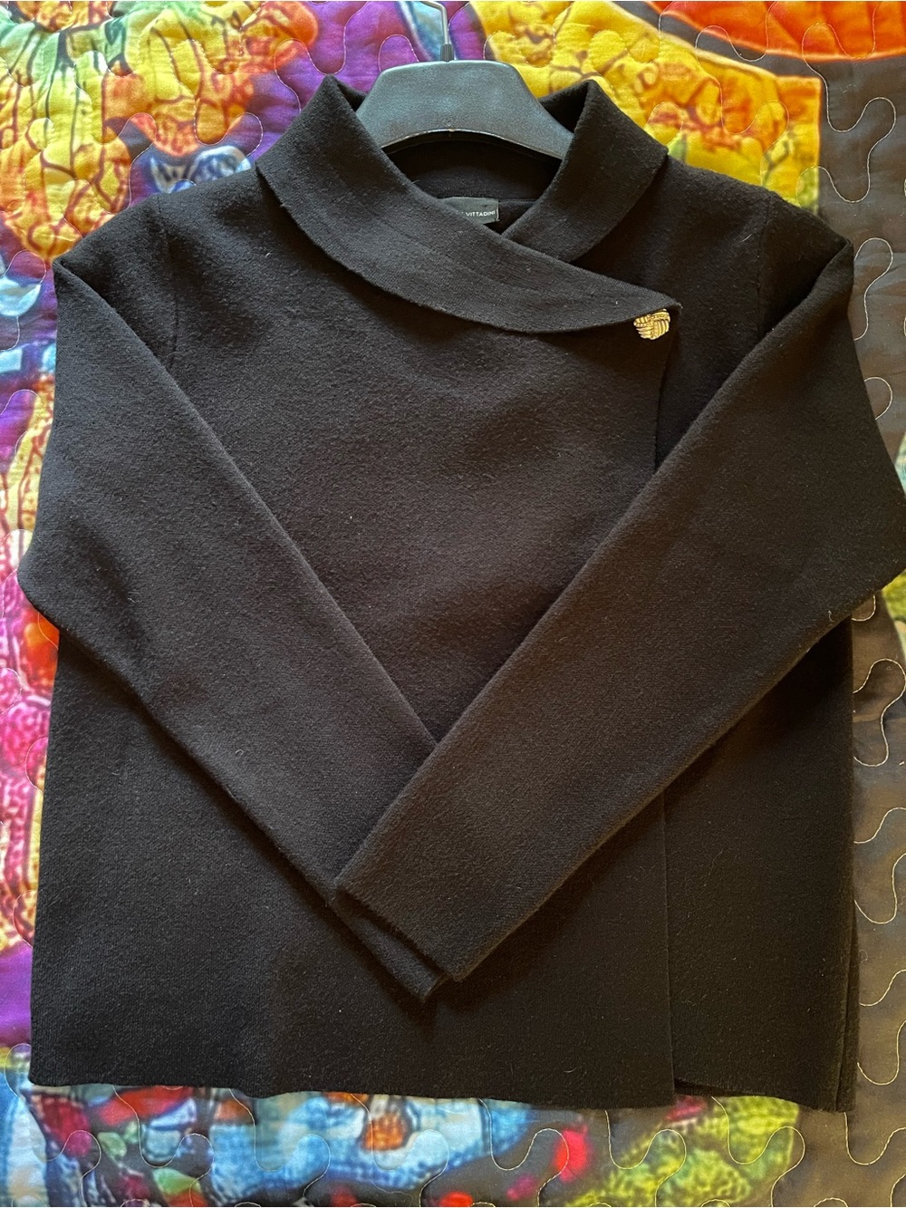 Adrienne Vittadini Black Asymmetrical Collar Snap Cardigan